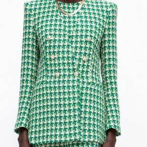 Zara Green and White Houndstooth Blazer